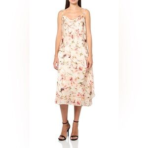 Sleeveless Cowl Neck Elegant Satin Ruffle Midi Dress